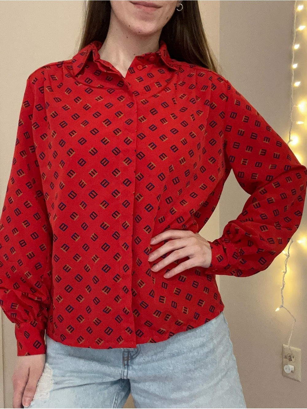 Vintage Red Patterned Button Up Blouse